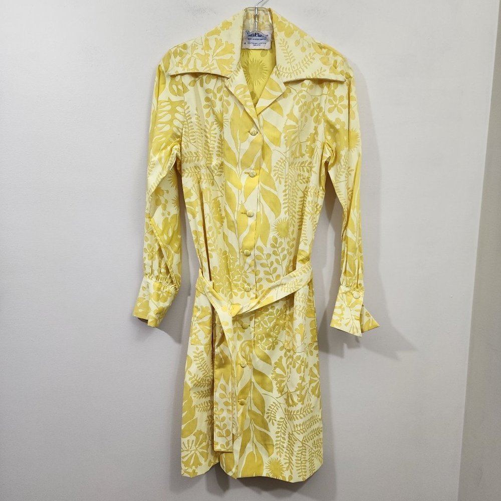 Ruth‎ Clarage 1960s Vintage hand painted yellow floral long sleeve belted dress